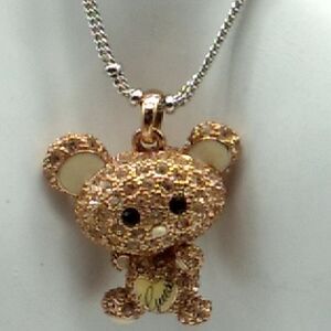 GUESS Bear Pendant Necklace | Stainless Gold Overlay Bear with Pave Crystals